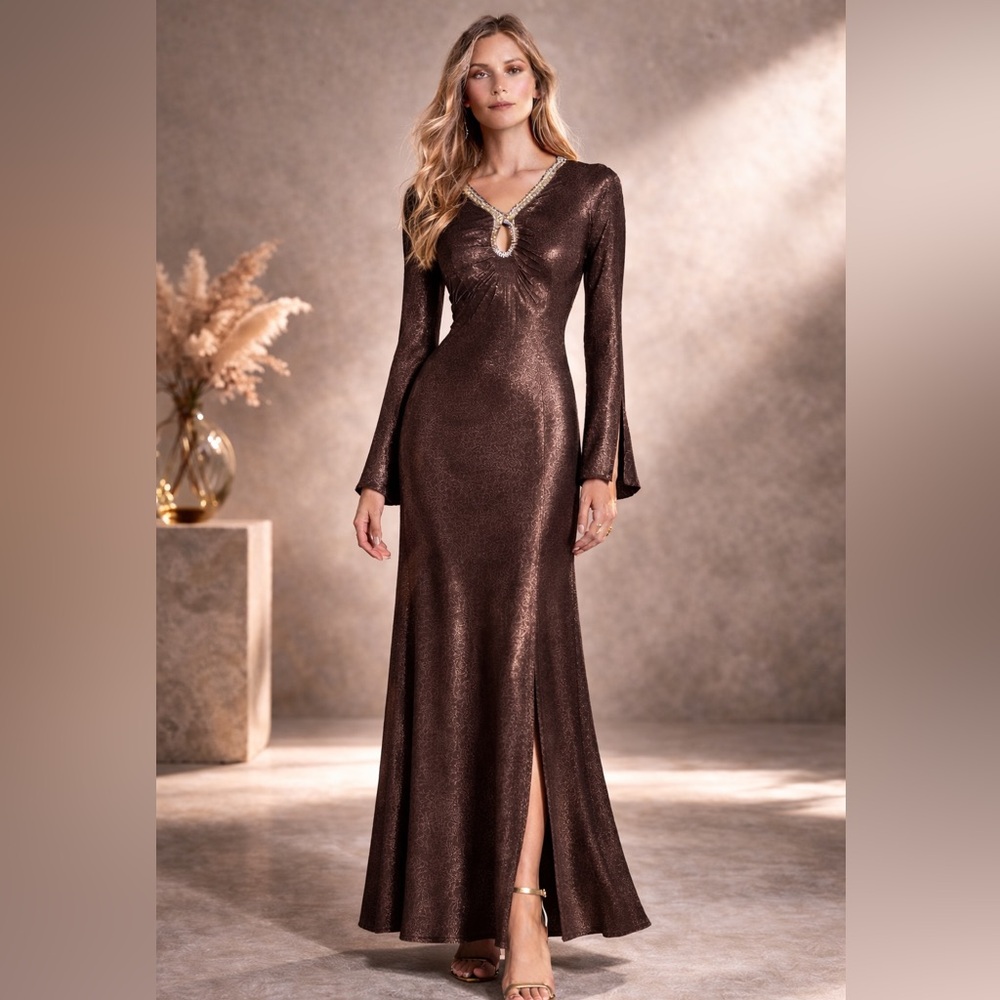 Nekane Alika Bronze Brown Metallic Shimmer Maxi Dress Gold Lurex NWT Medium